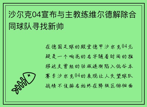 沙尔克04宣布与主教练维尔德解除合同球队寻找新帅